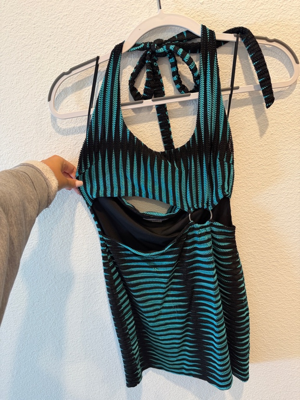 Black and Teal Striped Halter Cutout Dress